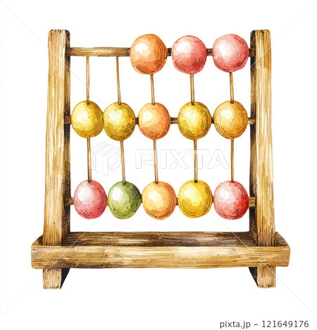 Watercolor style depiction of colorful abacus with wooden frame, evoking nostalgia and playfulness 121649176