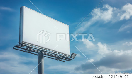 blank billboard stands against blue sky with fluffy clouds, ready for advertising 121649196