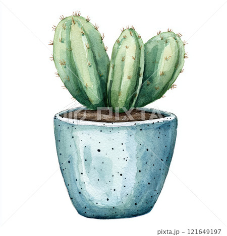 Watercolor style depiction of green cactus in speckled pot, showcasing its unique beauty and charm 121649197