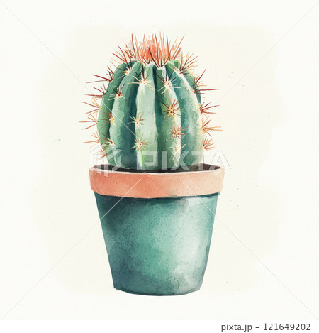 beautiful watercolor depiction of cactus in pot, showcasing vibrant colors and intricate details 121649202