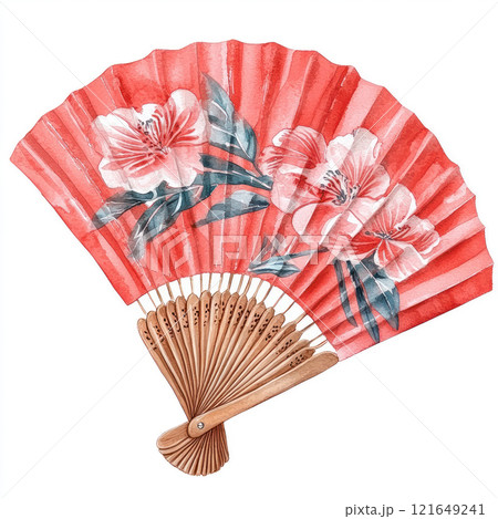 beautiful red fan adorned with delicate floral patterns, showcasing elegance and artistry. Perfect for decoration or cultural events 121649241