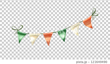 Waving green, orange, white triangular flags on string in the national Irish colors watercolor illustration. Festive classical flag in pennant shape for holiday, party decor, greeting card design 121649490