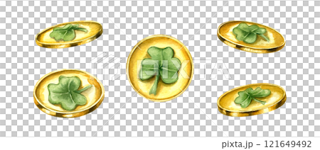 Patrick day golden coins with green clover leaf watercolor hand painted illustration. Traditional attribute with shamrock from different angles. Elements for poster decor, invitation design Patrick day golden coins with green clover leaf watercolor hand painted illustration. Traditional attribute with shamrock from different angles. Elements for poster decor, invitation design 121649492
