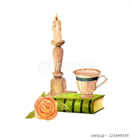 A stack of antique old books green and brown, reading, marble candlestick and rose flower vintage watercolor illustration for stickers, travel advertising, retro flyers and postcards, scrapbooking 121649558