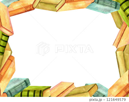 Vintage books frame watercolor hand-painted composition for printing on cards, invitations, banner, template, packaging and product labels Vintage books frame watercolor hand-painted composition for printing on cards, invitations, banner, template, packaging and product labels 121649579
