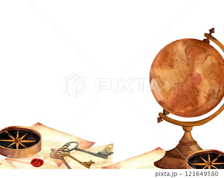 Vintage writing supplies, ink, letters, envelopes, antique globe and compass watercolor hand-painted composition for printing on cards, invitations, banner, template, packaging and product labels 121649580