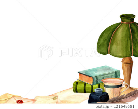 Vintage writing supplies, ink, letters, envelopes, antique lampshade watercolor hand-painted composition for printing on cards, invitations, banner, template, packaging and product labels Vintage writing supplies, ink, letters, envelopes, antique lampshade watercolor hand-painted composition for printing on cards, invitations, banner, template, packaging and product labels 121649581