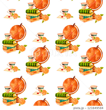 Antique globe, teacup, rose and books. Watercolor vintage seamless pattern in warm tones isolated on a white background for scrapbooking, stickers, advertising, diy, retro flyers and postcards. 121649584