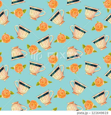 Victorian porcelain cup for tea or coffee and pink rose . Old-fahioned vintage watercolor clip art. Seamless pattern in retro style for prints on wallpaper, textiles, diy, scrapbooking for packaging Victorian porcelain cup for tea or coffee and pink rose . Old-fahioned vintage watercolor clip art. Seamless pattern in retro style for prints on wallpaper, textiles, diy, scrapbooking for packaging 121649619
