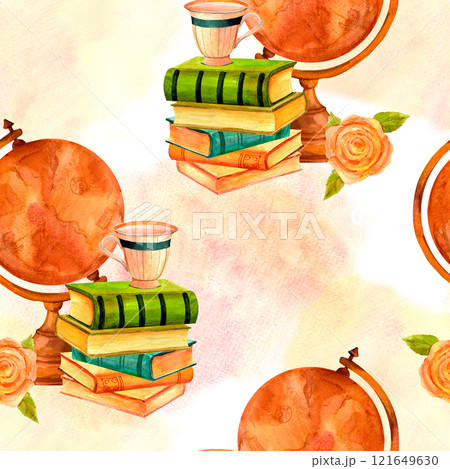 Antique globe, teacup, rose and books. Watercolor vintage seamless pattern in warm tones isolated on a white background for scrapbooking, stickers, advertising, diy, retro flyers and postcards. Antique globe, teacup, rose and books. Watercolor vintage seamless pattern in warm tones isolated on a white background for scrapbooking, stickers, advertising, diy, retro flyers and postcards. 121649630
