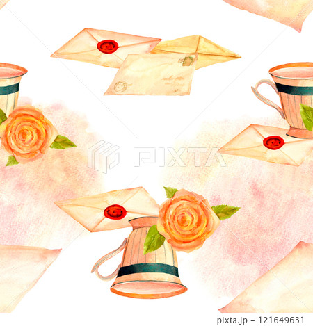 Victorian porcelain cup letter, envelope and pink rose . Old-fahioned vintage watercolor clip art. Seamless pattern in retro style for prints on wallpaper, textiles, diy, scrapbooking for packaging Victorian porcelain cup letter, envelope and pink rose . Old-fahioned vintage watercolor clip art. Seamless pattern in retro style for prints on wallpaper, textiles, diy, scrapbooking for packaging 121649631