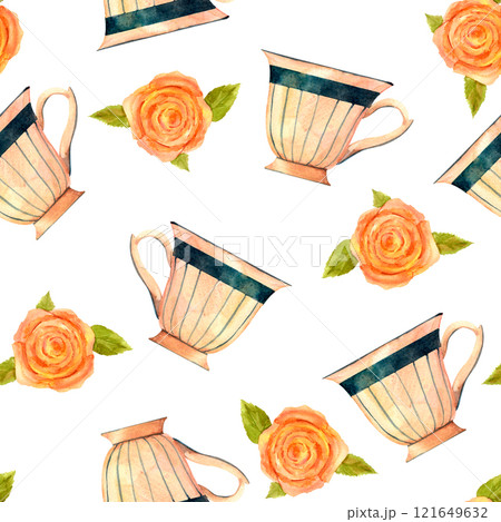 Victorian porcelain cup for tea or coffee and pink rose . Old-fahioned vintage watercolor clip art. Seamless pattern in retro style for prints on wallpaper, textiles, diy, scrapbooking for packaging Victorian porcelain cup for tea or coffee and pink rose . Old-fahioned vintage watercolor clip art. Seamless pattern in retro style for prints on wallpaper, textiles, diy, scrapbooking for packaging 121649632