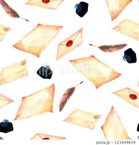 Antique letters and envelopes. Old-fahioned vintage watercolor clip art. Seamless pattern in retro style for prints on wallpaper, textiles, diy, scrapbooking for packaging 121649634