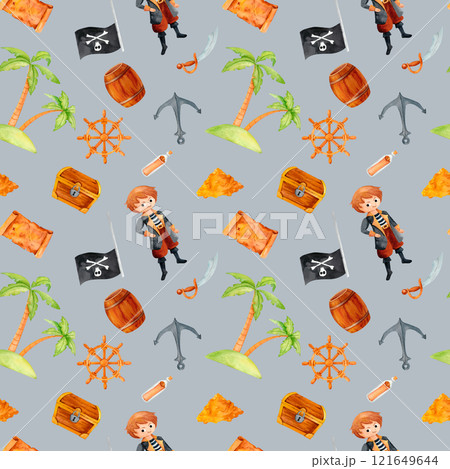 Boy pirate with maritime treasures a chest of gold, anchor, helm, and a bold Jolly Roger flag. Watercolor pattern ideal for party supplies, textiles, and themed illustrations. Boy pirate with maritime treasures a chest of gold, anchor, helm, and a bold Jolly Roger flag. Watercolor pattern ideal for party supplies, textiles, and themed illustrations. 121649644