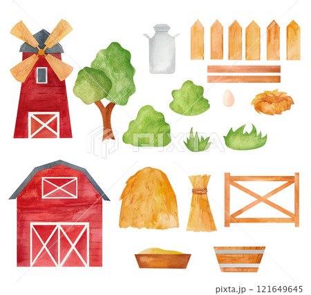 Set of watercolor farm illustrations featuring a red barn, windmill, trees, bushes, harvest bundles, wooden fences, and rustic agricultural tools. Perfect for rural-themed countryside decor Set of watercolor farm illustrations featuring a red barn, windmill, trees, bushes, harvest bundles, wooden fences, and rustic agricultural tools. Perfect for rural-themed countryside decor 121649645