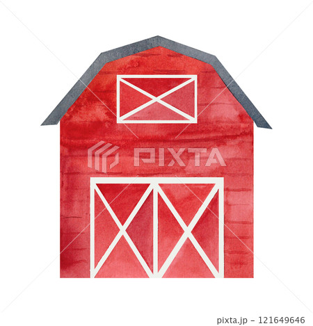 Red Barn charming watercolor illustration in a flat, rustic style. Ideal for farm-themed designs, rural landscapes, or agricultural concepts. Perfect for posters, cards, or digital projects. 121649646