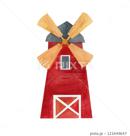 Red Windmill with wooden blades, stylized in soft watercolor. vintage-inspired clipart ideal for farmland illustrations, eco-rural themes, and traditional farm landscapes. 121649647