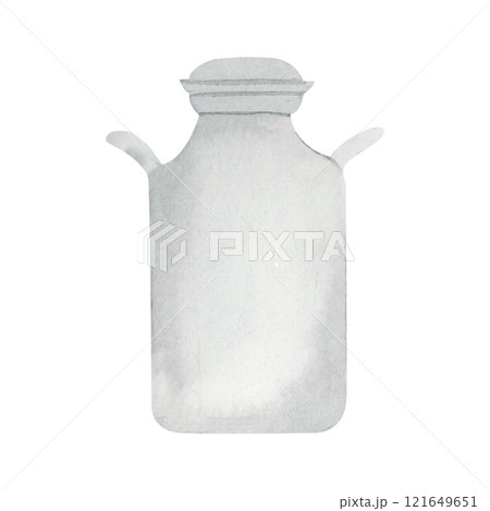 Classic metal milk can in watercolor illustration, styled for a rustic farm concept. Ideal for dairy farm designs, vintage countryside themes, or agricultural elements. Classic metal milk can in watercolor illustration, styled for a rustic farm concept. Ideal for dairy farm designs, vintage countryside themes, or agricultural elements. 121649651