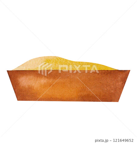 A rustic wooden feeding trough in watercolor illustration, stylized in a flat rural design. Perfect for farm animal scenes, agriculture visuals, or countryside settings. A rustic wooden feeding trough in watercolor illustration, stylized in a flat rural design. Perfect for farm animal scenes, agriculture visuals, or countryside settings. 121649652