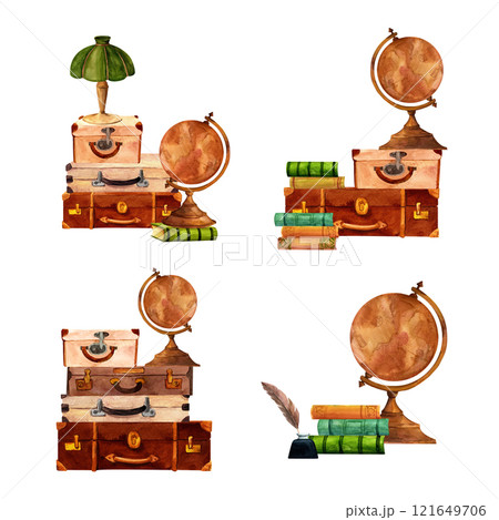 Vintage leather travel bags and antique earth globe composition. Hand painted watercolor illustration in warm tones for Scrapbooking, stickers, travel and advertising, retro flyers and postcards Vintage leather travel bags and antique earth globe composition. Hand painted watercolor illustration in warm tones for Scrapbooking, stickers, travel and advertising, retro flyers and postcards 121649706