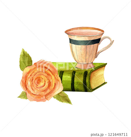 Books, rose and teacup composition. Vintage reading clip art. Hand drawn watercolor retro library image for stickers, retro flyers and postcards. scrapbooking 121649711