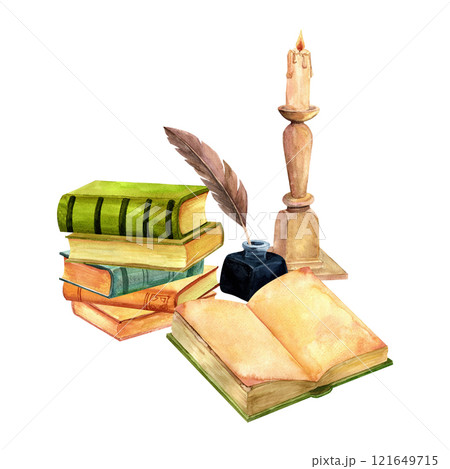 Books, feather ink pen and candlestick composition. Vintage reading clip art. Hand drawn watercolor retro library image for stickers, retro flyers and postcards. scrapbooking. 121649715