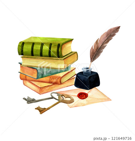 Books, feather ink pen and old key composition. Vintage reading clip art. Hand drawn watercolor retro library image for stickers, retro flyers and postcards. scrapbooking. 121649716