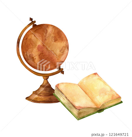 Old library, composition with a globe and books. Watercolor vintage illustration in warm tones isolated on a white background for scrapbooking, stickers, advertising, diy, retro flyers and postcards Old library, composition with a globe and books. Watercolor vintage illustration in warm tones isolated on a white background for scrapbooking, stickers, advertising, diy, retro flyers and postcards 121649721