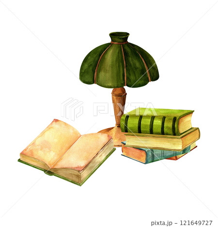 A lamp with a green shade, antique reding books composition watercolor set. Writing set watercolor illustration in for print on stickers,advertising, retro flyers and postcards., scrapbooking 121649727