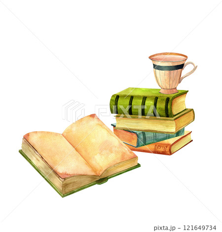 Antique books, a tea cup composition watercolor set. Print for Interior decor and wall art on retro themes, travel, libraries, books, museums. 121649734