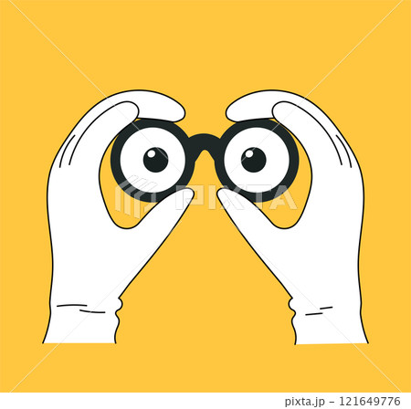 Cartoon hand holding binoculars, explore person point or look forward character. Vision gesture eyes with fingers 121649776