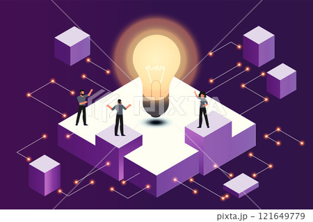Vector isometric illustration people team working with cube and create database. Virtual communication and connection datacenter 121649779