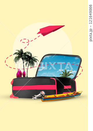 Contemporary art collage. Black and red suitcase featuring palms, blue sky, and small boat. Includes bright red paper plane flying over sunny yellow background. Contemporary art collage. Black and red suitcase featuring palms, blue sky, and small boat. Includes bright red paper plane flying over sunny yellow background. 121649866