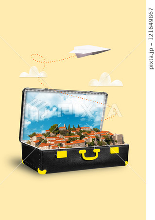 Contemporary art collage. Black suitcase with yellow details showing red-roofed village in green hills, blue sky. Yellow highlights and paper plane on soft yellow background. Contemporary art collage. Black suitcase with yellow details showing red-roofed village in green hills, blue sky. Yellow highlights and paper plane on soft yellow background. 121649867