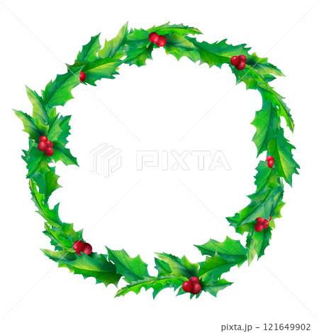 Rustic Christmas watercolor wreath composed of vibrant green leaves and bright red berries. A versatile design for autumn, winter, and festive themes, suitable for decor and crafts 121649902
