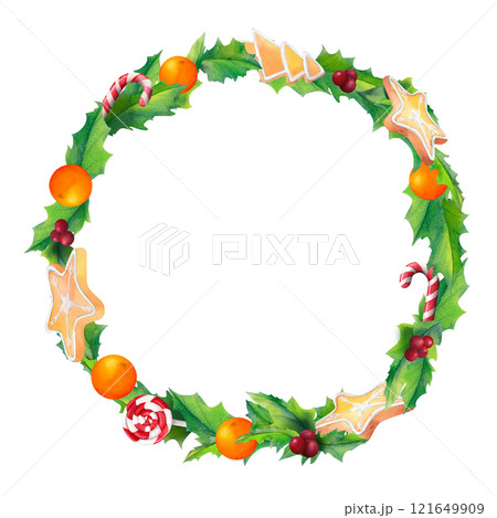 A Christmas wreath made of holly leaves, citrus mandarins, classic striped candy canes, and star-shaped gingerbread cookies, watercolor illustration, for holiday card designs or festive decorations. 121649909
