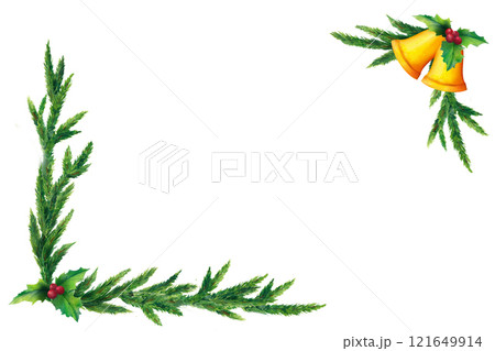 Rectangular frame of delicate fir branches with golden bells, giving a cozy, winter feel perfect for Christmas and New Year celebrations. Watercolor illustration ideal for holiday cards, invitations 121649914