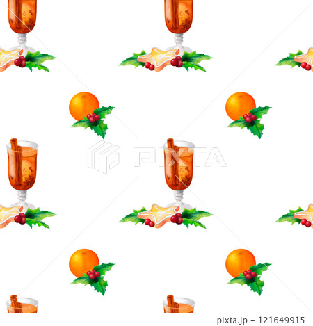 Festive Christmas decor with mulled wine, cookies, holly leaves, and oranges. A watercolor seamless pattern perfect for holiday gift wrap, textiles, seasonal cards, and cheerful designs Festive Christmas decor with mulled wine, cookies, holly leaves, and oranges. A watercolor seamless pattern perfect for holiday gift wrap, textiles, seasonal cards, and cheerful designs 121649915