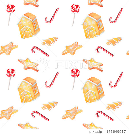 Festive Christmas fir branches, oranges, mulled wine, cookies, holly leaves, and a candle in a brown glass. A watercolor seamless pattern for seasonal wrapping paper, decor, and winter projects. 121649917