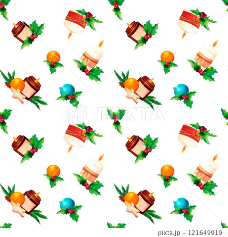 Candles surrounded by holly leaves, fir branches, green and blue Christmas baubles, traditional cookies, and oranges in seamless pattern. Watercolor design for New Year wrapping, seasonal decor, 121649919