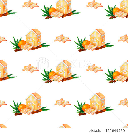Holiday gingerbread house with Christmas cookies, fir branches, festive greenery, and spices in a seamless watercolor pattern. Ideal for gift wrapping, holiday cards, and winter-themed designs. Holiday gingerbread house with Christmas cookies, fir branches, festive greenery, and spices in a seamless watercolor pattern. Ideal for gift wrapping, holiday cards, and winter-themed designs. 121649920