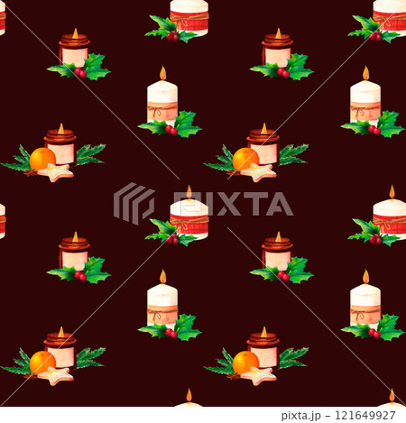 Candles amidst holly, fir branches, traditional cookies, and fresh oranges in seamless watercolor pattern. Ideal for holiday crafts, seasonal prints, and Christmas-themed items. Candles amidst holly, fir branches, traditional cookies, and fresh oranges in seamless watercolor pattern. Ideal for holiday crafts, seasonal prints, and Christmas-themed items. 121649927