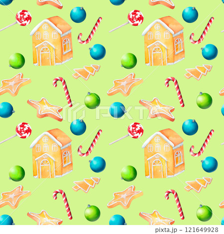Whimsical gingerbread houses, stars, Christmas trees, candy canes, and colorful baubles on a soft backdrop. A seamless watercolor pattern perfect for seasonal textiles, decor, and Christmas crafts. Whimsical gingerbread houses, stars, Christmas trees, candy canes, and colorful baubles on a soft backdrop. A seamless watercolor pattern perfect for seasonal textiles, decor, and Christmas crafts. 121649928