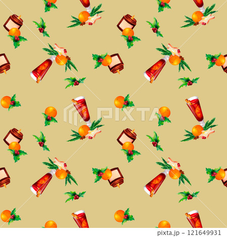 Festive fir branches, oranges, mulled wine, and holly leaves on a gentle beige background. A watercolor seamless pattern for Christmas-themed wrapping paper, seasonal crafts, and holiday decor. 121649931