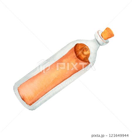Old note rolled up in glass bottle sealed tightly with a cork,message about being stranded on a deserted island, watercolor illustration works perfectly for pirate treasure hunts, or party invitations Old note rolled up in glass bottle sealed tightly with a cork,message about being stranded on a deserted island, watercolor illustration works perfectly for pirate treasure hunts, or party invitations 121649944