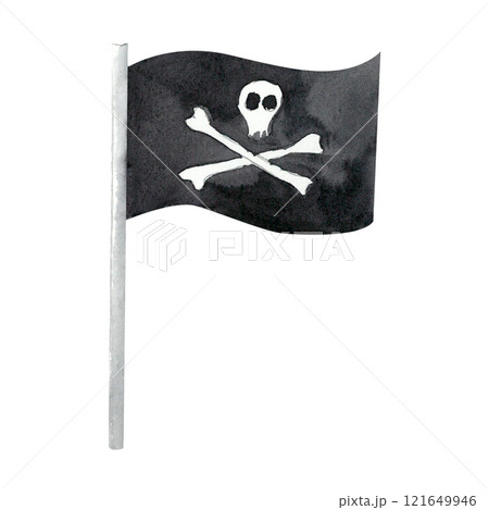 Weathered Jolly Roger flag with a skull and crossed bones, drawn in black and white watercolor style. This pirate symbol is perfect for pirate-themed books, party invites, or nautical illustrations. Weathered Jolly Roger flag with a skull and crossed bones, drawn in black and white watercolor style. This pirate symbol is perfect for pirate-themed books, party invites, or nautical illustrations. 121649946