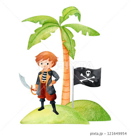 A young pirate on a treasure island under a palm tree, with the Jolly Roger flag, watercolor illustration of pirate adventure, perfect for children party invitations or storytelling projects. 121649954