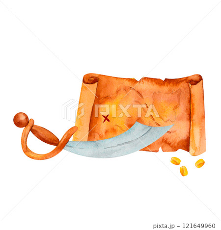 Pile of gleaming gold and stacks of shiny coins. This vibrant watercolor illustration captures the essence of corsair treasure, ideal for pirate invitations, party decorations, or adventurous designs. Pile of gleaming gold and stacks of shiny coins. This vibrant watercolor illustration captures the essence of corsair treasure, ideal for pirate invitations, party decorations, or adventurous designs. 121649960