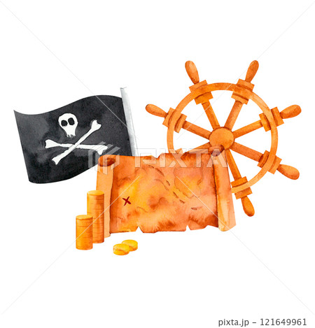 A treasure map, Jolly Roger flag, and a ship wheel, capturing the essence of high-seas adventure. Watercolor illustration for nautical-themed decorations, party invitations, or adventure stories. A treasure map, Jolly Roger flag, and a ship wheel, capturing the essence of high-seas adventure. Watercolor illustration for nautical-themed decorations, party invitations, or adventure stories. 121649961