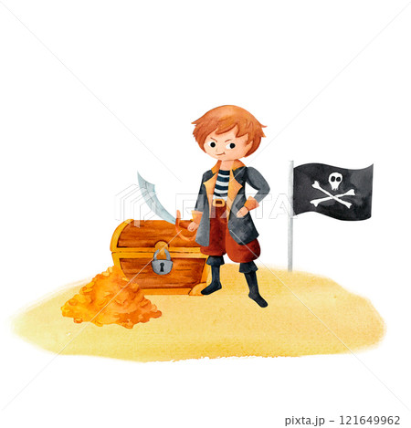 A corsair boy, treasure chest, shimmering gold, and the Jolly Roger flag, evoking the spirit of high-seas adventure. Watercolor illustration for pirate decorations, party invitations, or stories. 121649962